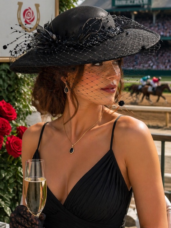 Vintage Accessories - Vintage Black Satin Wide Brim Hat w Veil